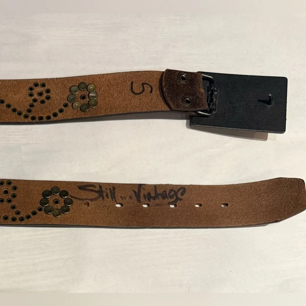 Floral Studded Brown Leather Belt w/Filigree Enamel Belt Buckle Small